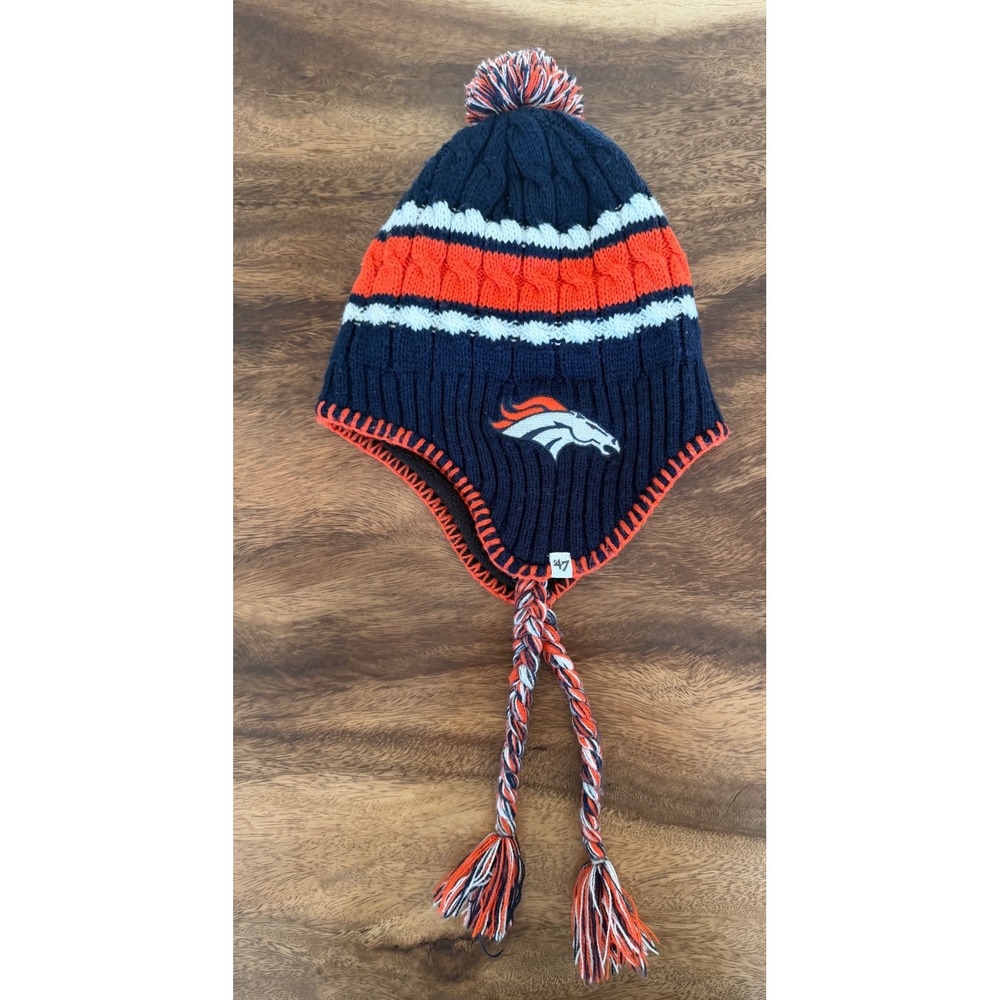 47 Brand Denver Broncos NFL Knit Trapper Hat Beanie Navy Orange Pom Tassels